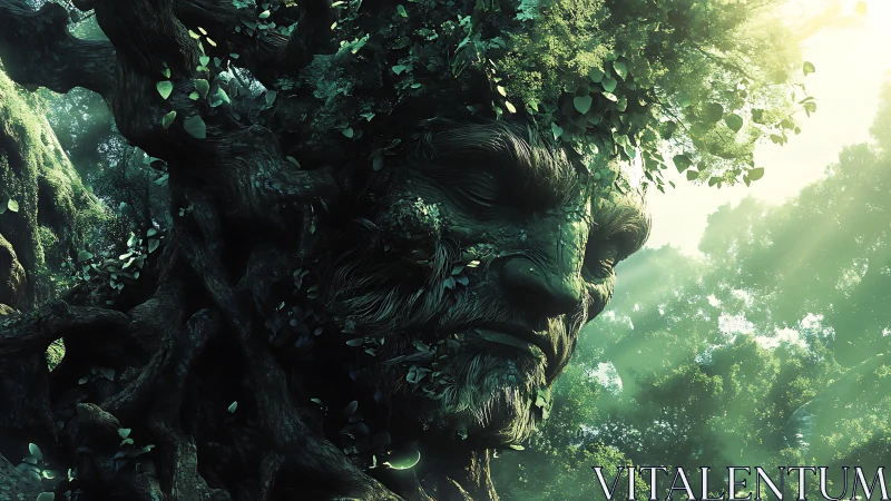 Ancient tree creature face emerges from dense forest canopy