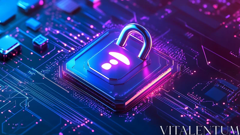 Neon padlock icon on integrated circuit symbolizing secure data