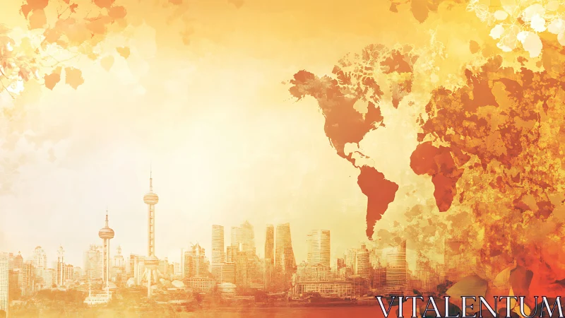 Watercolor world map overlay with luminous urban skyline composition.