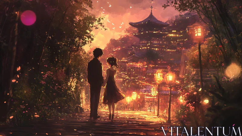 Silhouetted couple stands on lantern lit path at dusk