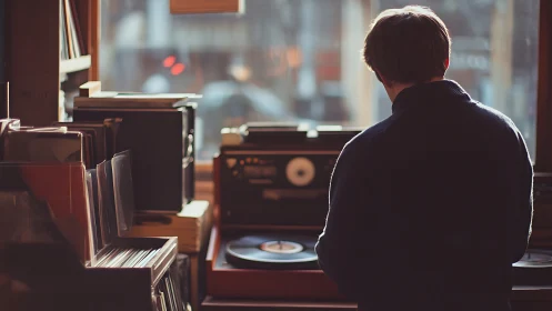 Warm afternoon moment as a music lover spins a vinyl record
