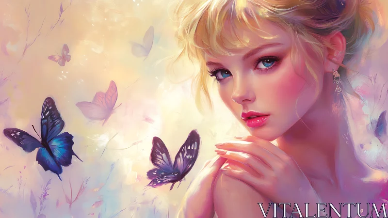 Pastel fantasy portrait of blonde woman with luminous butterflies