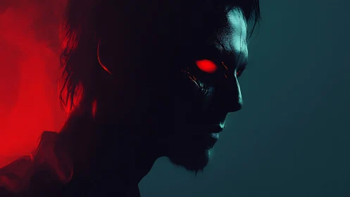 Side profile shows cybernetic figure with illuminated red eyes