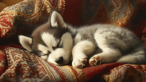 Sleepy husky puppy curls up on a patterned cozy blanket