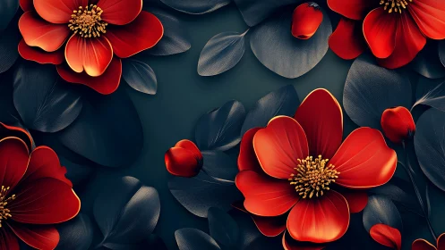 Volumetric Red Florals: Digital 3D Composition with Teal Backdrop.