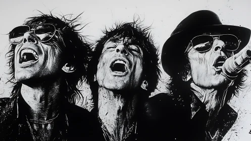 Triple-shot rock vocalist collage roaring in monochrome fury.