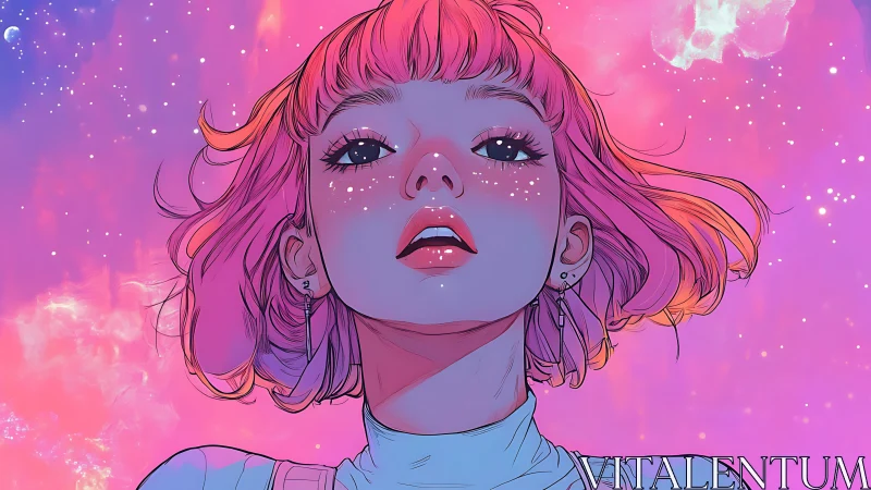 Neon haired girl gazes upward in dreamy cosmic glow