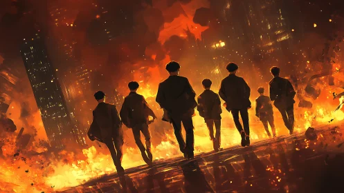 Silhouetted group walks through burning futuristic cityscape.