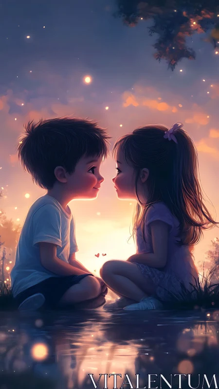 Two Children Share Intimate Moment at Sunset.