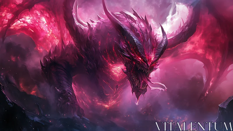 Fiery crimson dragon soaring in swirling stormlight skies.