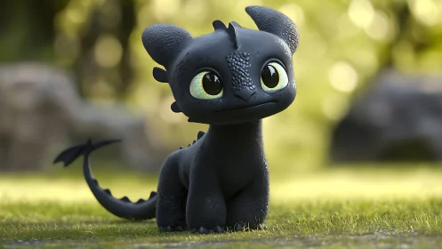 Small black cartoon dragon standing on grassy ground outdoors.