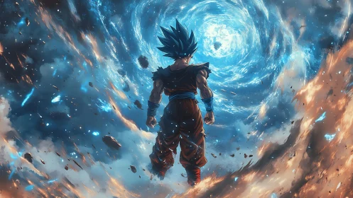 Warrior silhouette confronts blue cosmic vortex alone