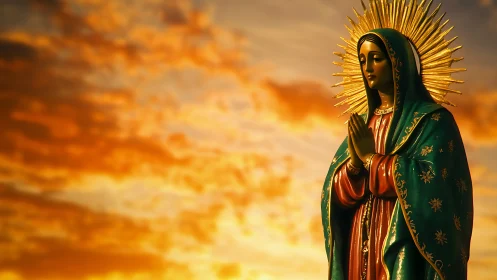 Photorealistic Marian statue against luminous sunset sky backdrop.