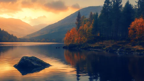 Autumn lake sunset with glowing mountains and forest reflections.