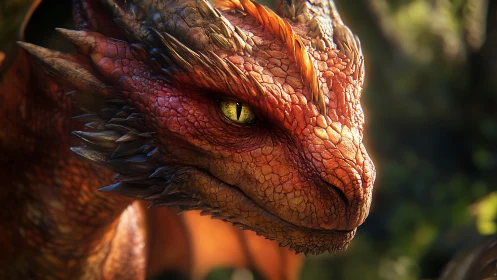 Gentle ember dragon resting in warm forest daylight.