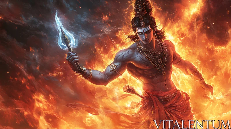 Mythic warrior in firestorm, blue skin and glowing trident