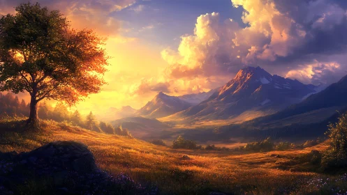 Golden sunset illuminates a tranquil mountain valley landscape.