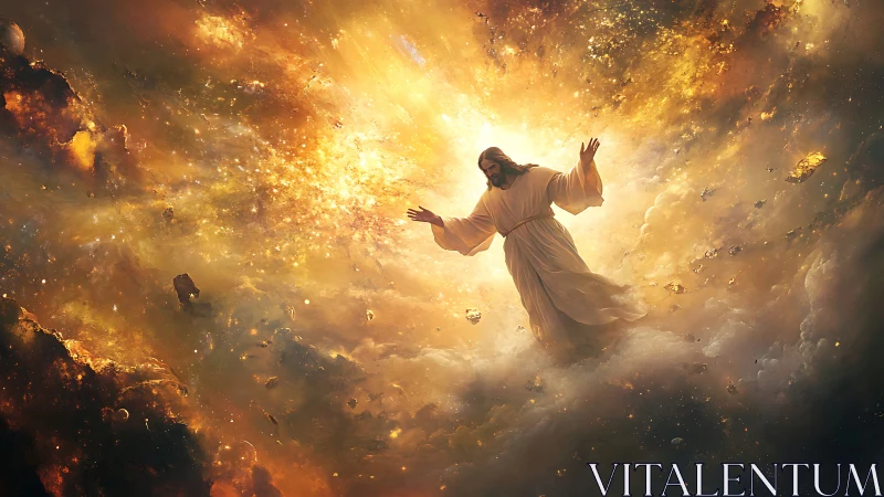 Human figure in luminous cloudscape with radiating light field