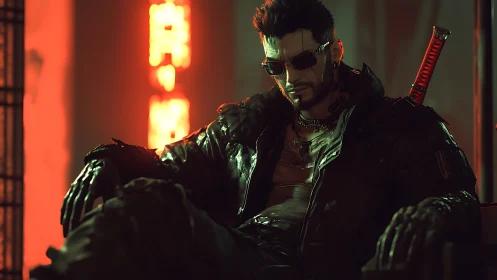 Brooding cyberpunk enforcer under neon red glow.