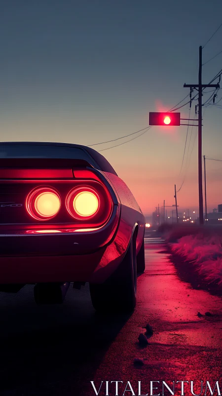 Muscle car waits under neon dusk at a lonely red light