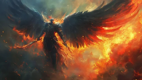 Winged firelord emerging through apocalypse flames.