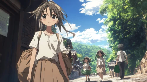 Sunlit rural street with anime students under volumetric summer sky