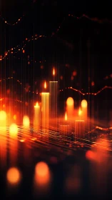 Luminous trading candles amid abstract market streams.