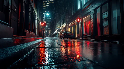 Neon rain slicks the silent city alley into a mirror dream