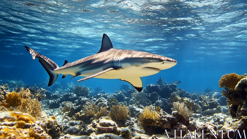 Oceanic reef shark gliding above coral bed in clear shallows