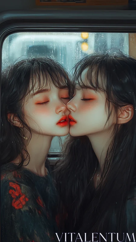 Two Figures with Closed Eyes in Rainy Vehicle Interior.