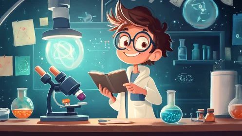 Curious kid scientist reading in a glowing night lab scene.