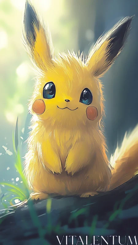 Sunlit yellow creature sits calmly in a soft forest glow