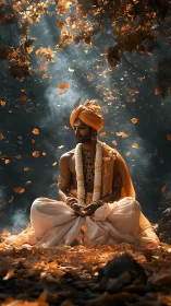 Digital painting of regal meditative figure under autumn canopy.