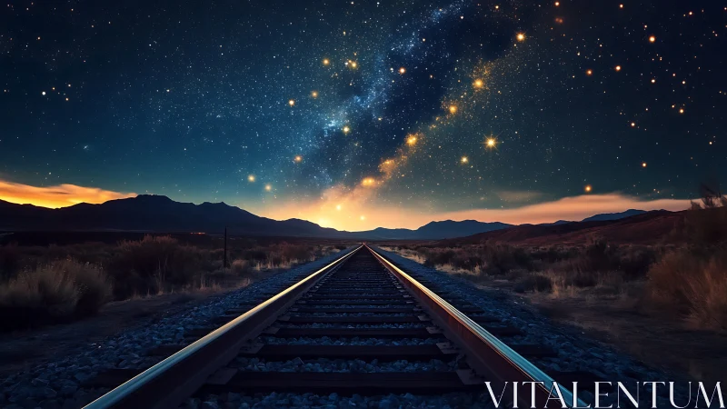 Astrophysical rail corridor under hyper-saturated night sky.