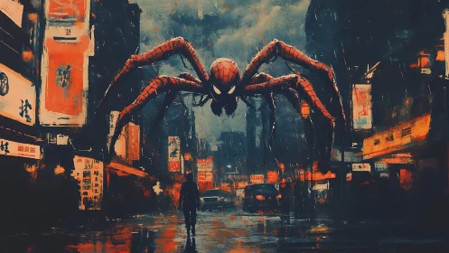 Giant spider-like figure looms over rainy neon city street.