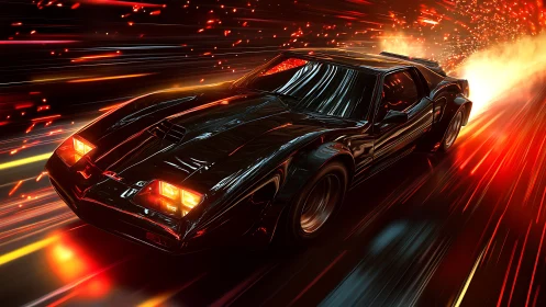 Sleek black muscle car erupts through neon trails in motion