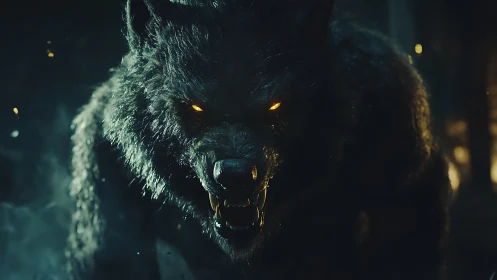 Night-stalking werewolf with blazing eyes in misty forest.