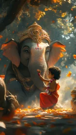 Divine elephant deity with child devotee in autumn forest grove