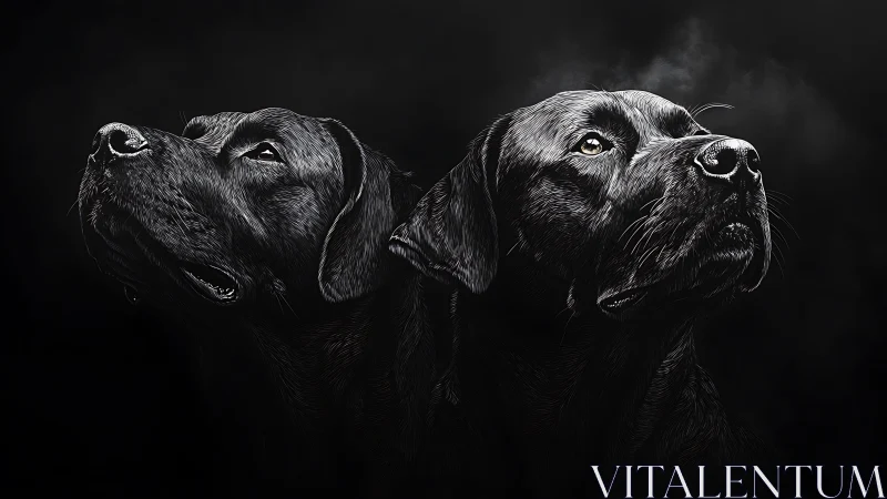 Two black labradors gaze into dramatic shadowed darkness