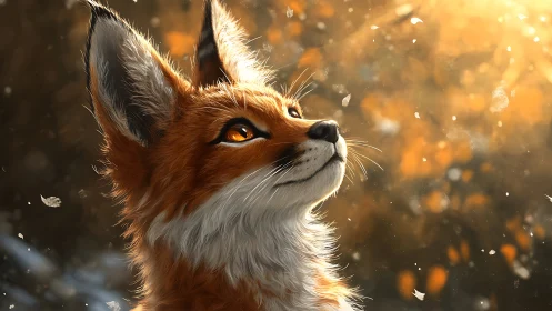 Autumn-lit fox gazes skyward through drifting golden embers.