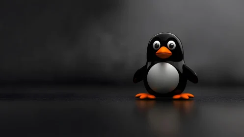 Cute Cartoon Penguin Figurine on Dark Minimalist Background.