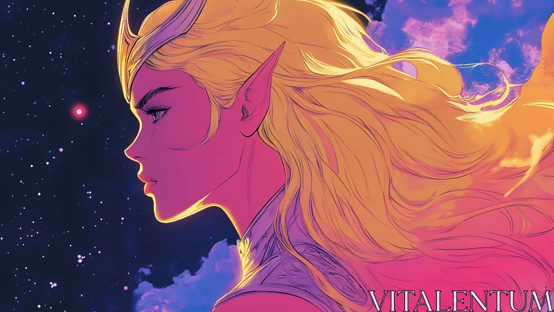 Starlit elf warrior gazes into cosmic skies with quiet resolve