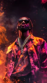 Photorealistic flaming portrait with neon cinematic grading.