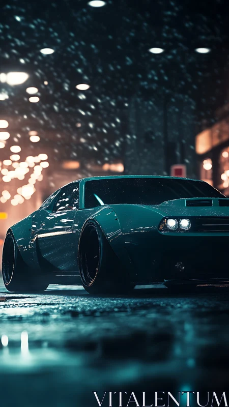 Widebody sports car sits on wet city street at night
