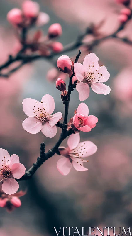 Cherry Blossom Branch with Pink Petals and Buds