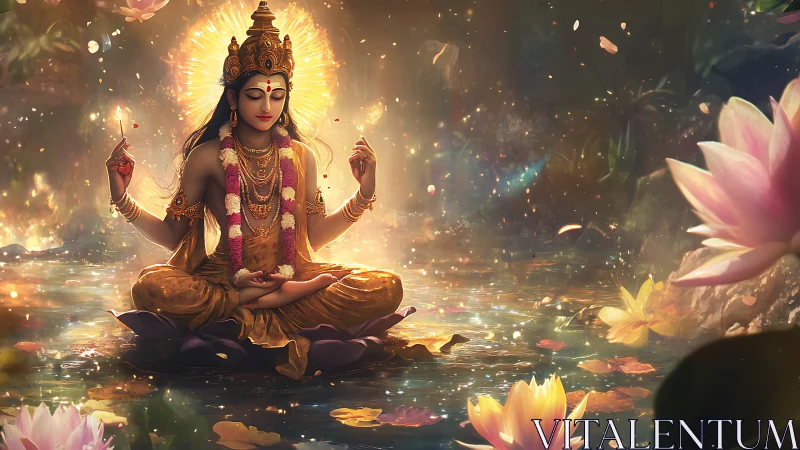 Hindu deity figure meditating on lotus in glowing pond.