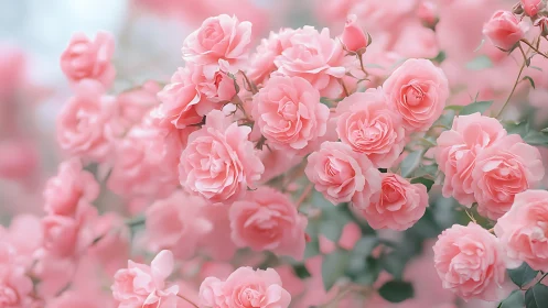 Abundant Pink Roses Blooming in Soft Garden Light.