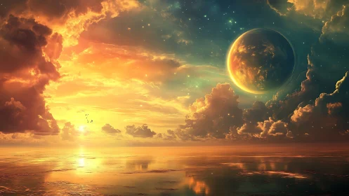 Golden alien sunset welcomes a tranquil otherworldly sea