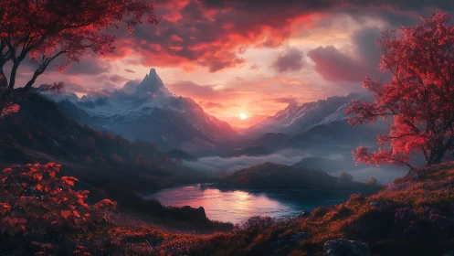 Crimson trees frame alpine lake under radiant sunset glow