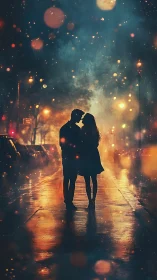 Two Silhouettes Kiss Beneath Cascading Urban Bokeh